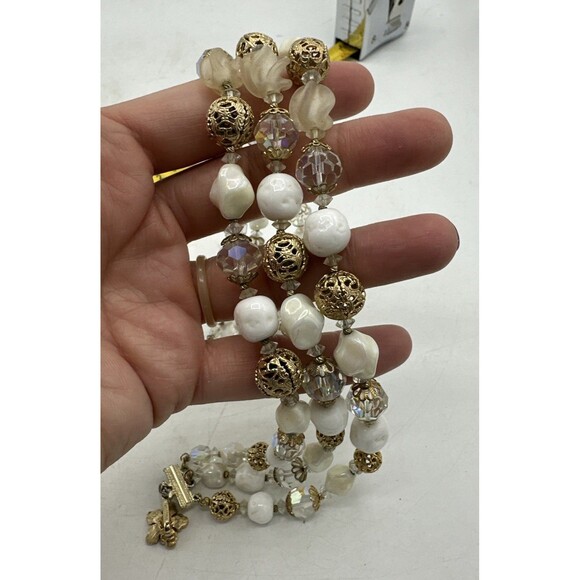 Vendome Coro Necklace Vintage Three 3 Strands Gold Cage Milk Glass Beads - Picture 8 of 12